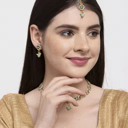 ANIKAS CREATION Gold-Plated Turquoise Blue & Beige Stone-Studded Beaded Handcrafted Enamelled Jewellery Set image 3