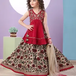 MASTARANG Girls Floral Embroidered Angrakha Thread Work Kurti with Sharara & With Dupatta-picture-30