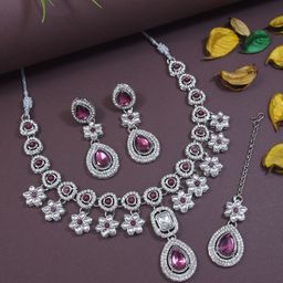 I Jewels Sliver Plated Stone Studded Necklace & Earrings With Maang Tika-picture-11