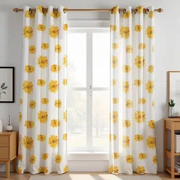 HOMEMONDE Yellow & White Pack of 2 Sunflower Printed Cotton Room Darkening Window Curtains-picture-18