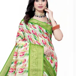 SSHAGUN LIFESTYLE Green Embellished Floral Print Woven Bollywood Cotton Silk Saree image 2