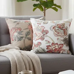 IZAAFA Cream-Coloured & Brown Set of 2 Floral Square Cushion Covers-picture-49