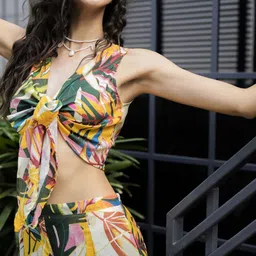 aoba EROTISSCH Yellow Printed V-Neck Relaxed-Fit Top With Trouser image 2