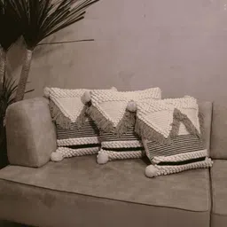 LUSHLYF Macrame Off White & Brown Geometric Embroidered Cotton Square Cushion Cover image 3