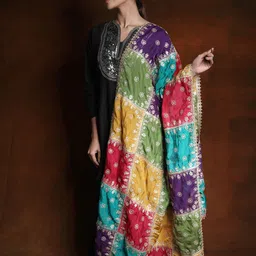 Exotic India Multicolor Block Pattern Zari Gota Patti Dupatta with Bootis in Golden Thread image 4