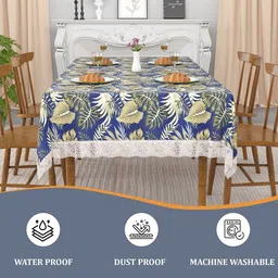Aura Blue & Green Leaf Printed 4-Seater Table Cover image 2