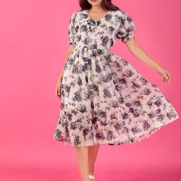 KASHIAN Floral Print Keyhole Neck Georgette Maxi Dress-picture-32