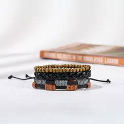 KPOP Men Set Of 3 Artificial Beaded Leather Wraparound Bracelets-picture-37