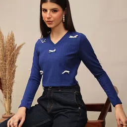 street9 Casual Regular Sleeves Solid Women Blue Top image 1