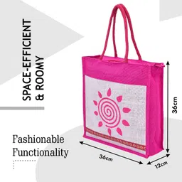 homestic Jute Pink Sunflower Grocery Bag with Handle|Medium|Cream Grocery Bag image 3