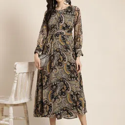Juniper Black & Beige Chiffon Fit & Flare Dress image 5