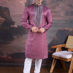 House of Pataudi Geometric Embroidered Mandarin Collar Straight Kurta With Churidar image 1
