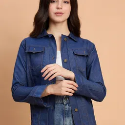 The Roadster Lifestyle Co Spread Collar Button Down Long Denim Jacket-image-75