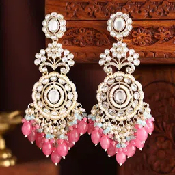 Priyaasi Gold-Plated Kundan Stone Studded & Pearls Beaded Contemporary Drop Earrings-picture-52