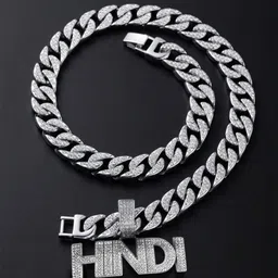 KRENOZ Men Silver-Plated Rhinestone Studded Hindi Pendant With Cuban Link Chain-picture-34