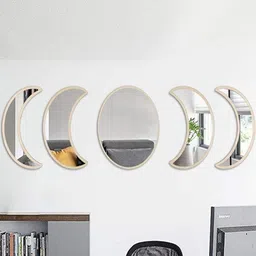 GloShvi 5 Pieces Moon Phase Acrylic Mirror & Beige Pine Wood Mdf Base Set image 4