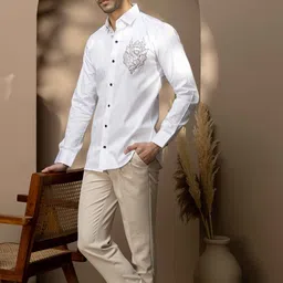 Foomer Men Standard Fit Embroidered Spread Collar Satin Casual Shirt image 2
