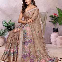 HERE&NOW Cream Printed Linen Blend Jamdani Sarees image 4