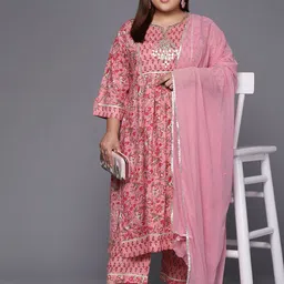 Sztori Plus Size Floral Printed Gotta Patti Cotton Straight Kurta & Trousers With Dupatta image 4