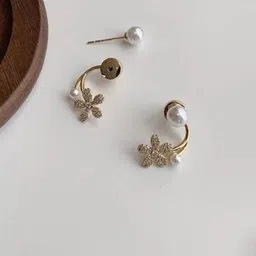 kazare Rhodium-Plated has artificial stones and beads Floral Half Hoop Earrings image 4