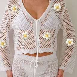 JC Mode White Self Design V-Neck Swimwear Cover Up Top-image-84