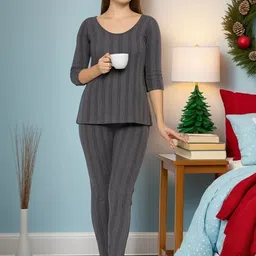 TRENDY RABBIT Women Round Neck Striped Thermal Set-image-83