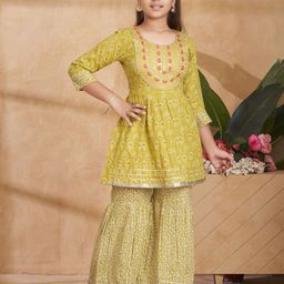 Aarika Girls Ethnic Motifs Embroidered Regular Pure Cotton Kurta with Trousers-picture-12