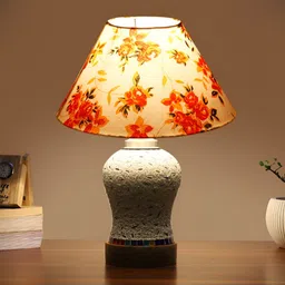 Devansh White & Orange Floral Printed Frustum Shaped Wooden Table Lamp image 2