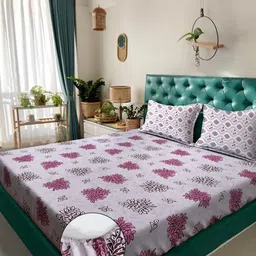 KLOTTHE Purple & White Floral 400 TC King Bedsheet with 2 Pillow Covers-image-49
