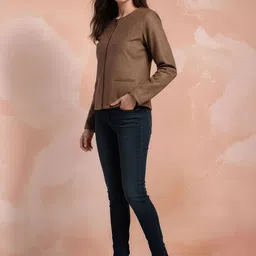 all about you Women Geometric Suede Windcheater Crop Biker Jacket-picture-31