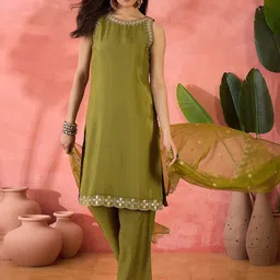 Sangria Parrot Green Floral Sequinned Round Neck Straight Kurta With Palazzos And Dupatta-picture-31