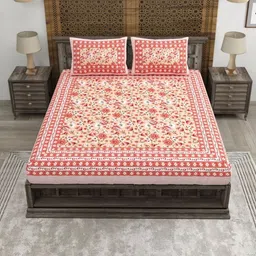 CLOTHOLOGY Peach-Coloured & Red Floral 180 TC Bedsheet with 2 Pillow Covers image 4