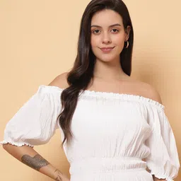 ROSEMELON Off-Shoulder Puff Sleeve Crepe Bardot Crop Top-picture-40