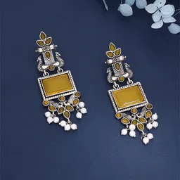Anouk Silver Plated Stones Studded & Beaded Oxidised Peacock Shaped Drop Earrings-picture-28