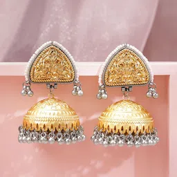 Rubans Gold-Plated Artificial Beads Beaded Studded Dual-Toned Oxidised Dome Shaped Jhumkas-image-4