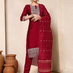 Sangria Women Ethnic Motifs Embroidered Kurta with Trousers & Dupatta-picture-29