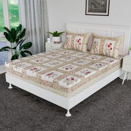 RUBOXA Beige & Green Ethnic Motifs 144 TC King Bedsheet with 2 Pillow Covers-picture-22