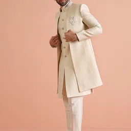 KISAH Men Zari Regular Fit Jacquard Jacket Sherwani Trouser Set image 5