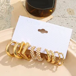 PolluxCraft Set Of 5 Gold Plated Pearls Beaded Contemporart Half hoop Earrings-picture-3