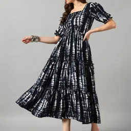 Raiyani Enterprise Tie & Dye Printed Square Neck Puff Sleeve Fit & Flare Midi Dress-image-75