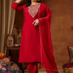 Janasya Women Floral Embroidered Regular Gotta Patti Chanderi Silk Kurti with Trousers & With Dupatta-image-85