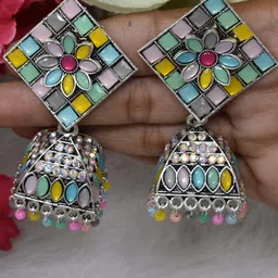 MEIRA JEWELLERY Artificial Stones Studded & Beaded Dome Shaped Jhumkas-picture-13