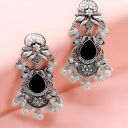 TISHUL JEWELS Silver-Plated Artificial Stones Studded & Beaded Oxidised Drop Earrings-picture-18
