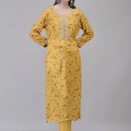 Aralia Floral Printed Round Neck Sequinned Pure Cotton Straight Kurta With Trousers-image-0