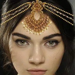 JYONA Gold-Plated Stones Studded & Pearls Beaded Matha Patti Head Jewellery image 3