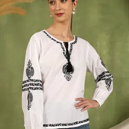 ILLICA Women Embroidered Keyhole Neck Bishop Sleeves Chikankari Cotton Top-picture-37