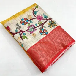 SSHAGUN LIFESTYLE Red Self Design Checkered Printed Madhubani Cotton Silk Saree image 2