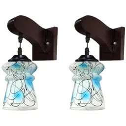 1ST TIME Blue & Brown Printed Wood Contemporary Frustum Shaped Wall Lamp-picture-31