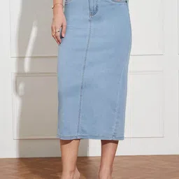 Miss Chase High Rise Stretchable A-Line Midi Denim Skirt-picture-34