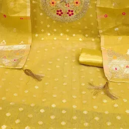 kalini Yellow Simmer Silk Jacquard With Codding Work Unstitched Dress Material image 2